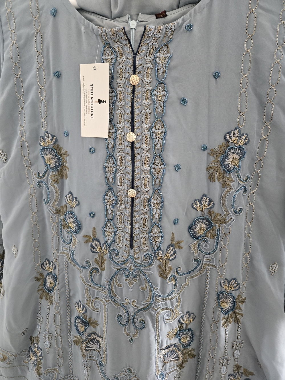 Stella Couture Light Blue Embroidered Indian Dress, Pant And Scarf, Large
